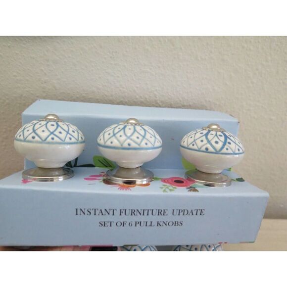 Instant Furniture Update Blue & White Geometric Ceramic Pull Knobs, Set Of 6 - Picture 6 of 9